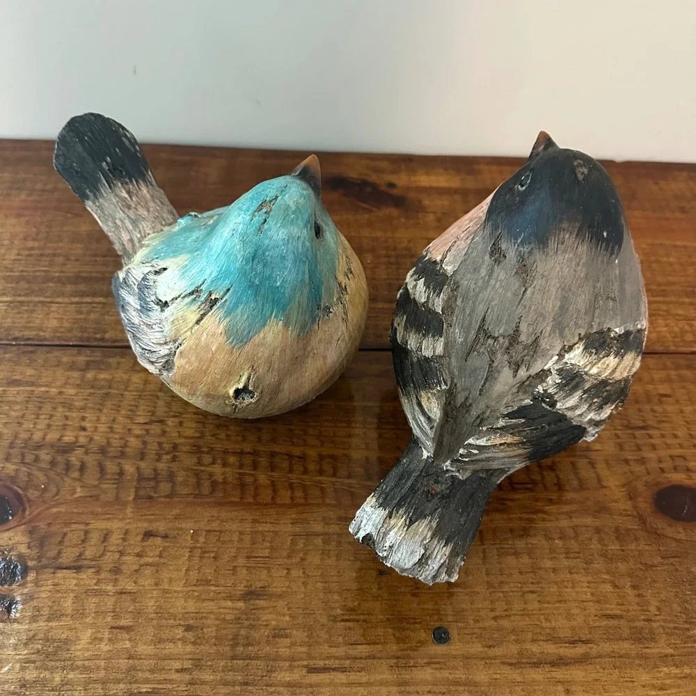 Rustic Wood Look Bird‎ Figurines Set of 2 Blue Terracotta Farmhouse Decor 98259